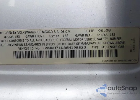 2008 Volkswagen Jetta Se/Sel from USA, damaged, VIN 3VWRM71K88M198823